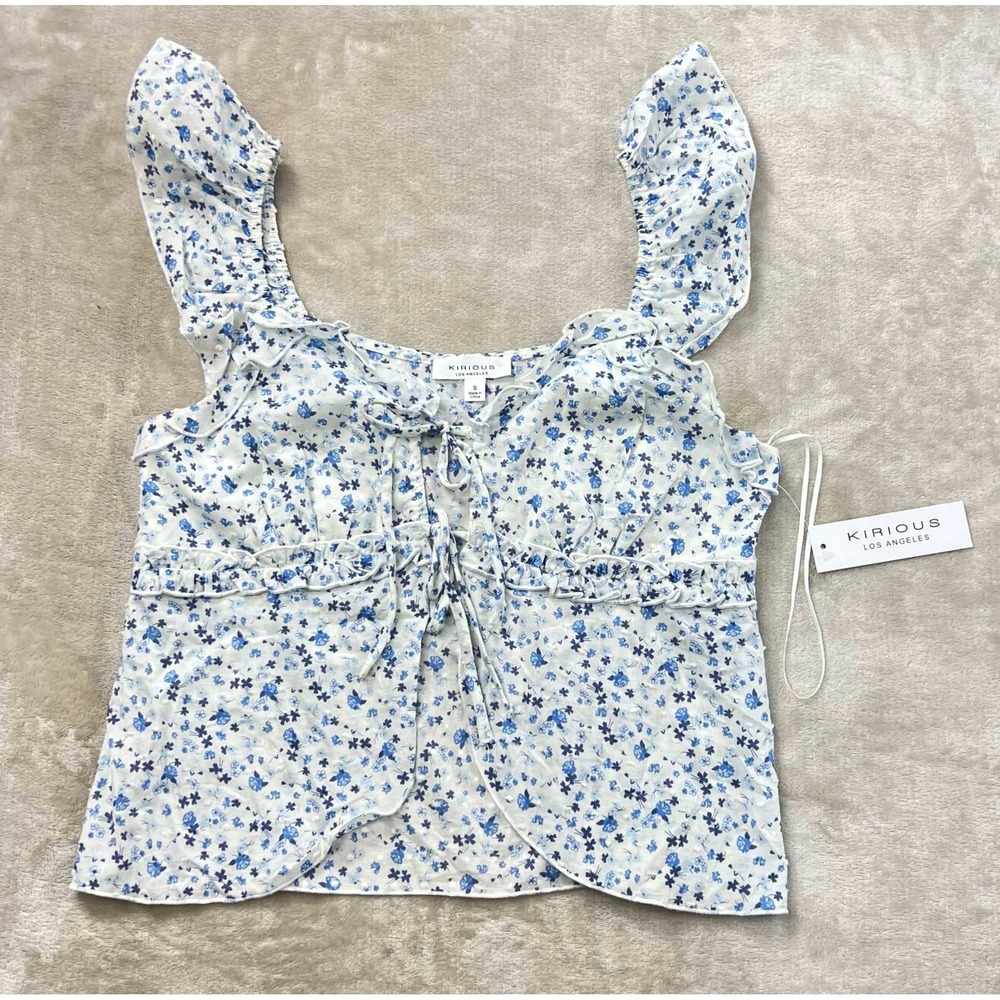 NWT Kirious Los Angeles Women's Blue Floral Ruffle Tie Front Tank Top Size S